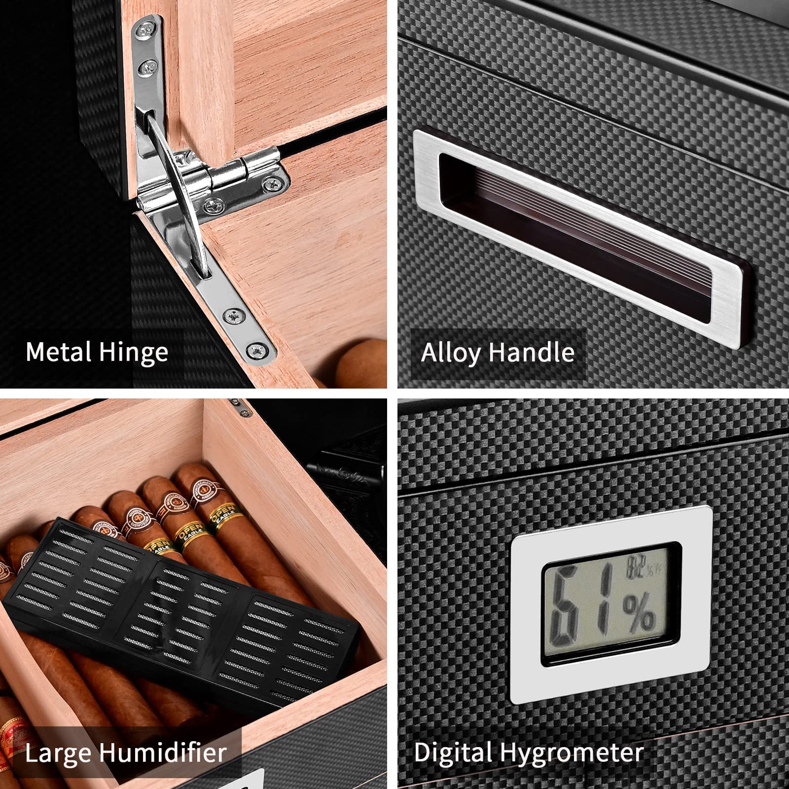 Fullrich Factory Wholesale Customize OEM/ODM Cigar Humidor with Front Digital Hygrometer and Humidifier, Spanish Cedar Tray Cigar Storage Box, Hold up to 35-50 Cigars, Gift for Men(Carbon Fiber)