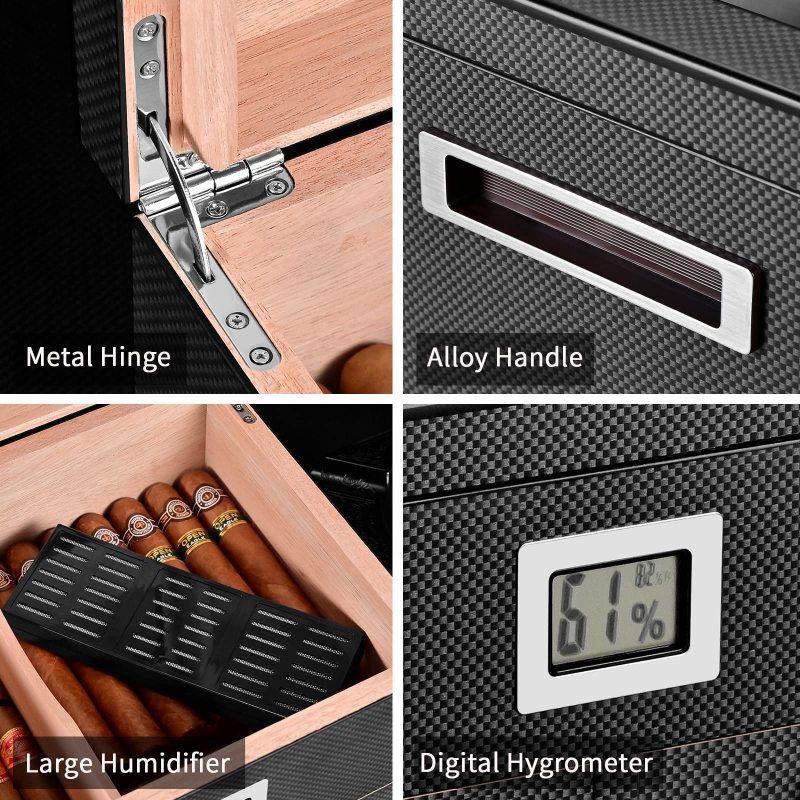 Fullrich Factory Wholesale Customize OEM/ODM Cigar Humidor with Front Digital Hygrometer and Humidifier, Spanish Cedar Tray Cigar Storage Box, Hold up to 35-50 Cigars, Gift for Men(Carbon Fiber)