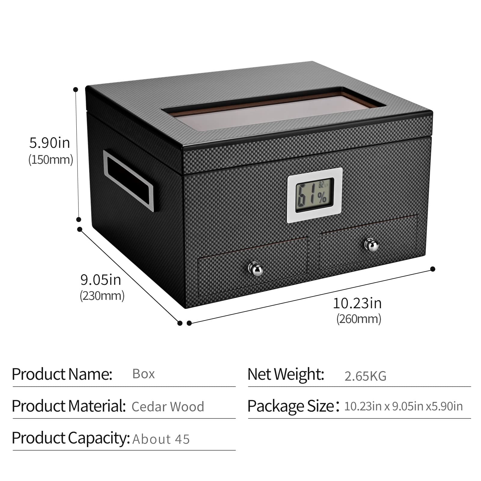 Fullrich Factory Wholesale Customize OEM/ODM Cigar Humidor with Front Digital Hygrometer and Humidifier, Spanish Cedar Tray Cigar Storage Box, Hold up to 35-50 Cigars, Gift for Men(Carbon Fiber)