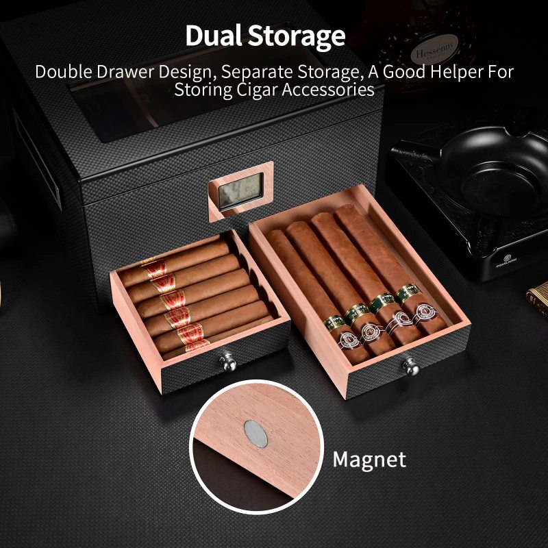 Fullrich Factory Wholesale Customize OEM/ODM Cigar Humidor with Front Digital Hygrometer and Humidifier, Spanish Cedar Tray Cigar Storage Box, Hold up to 35-50 Cigars, Gift for Men(Carbon Fiber)