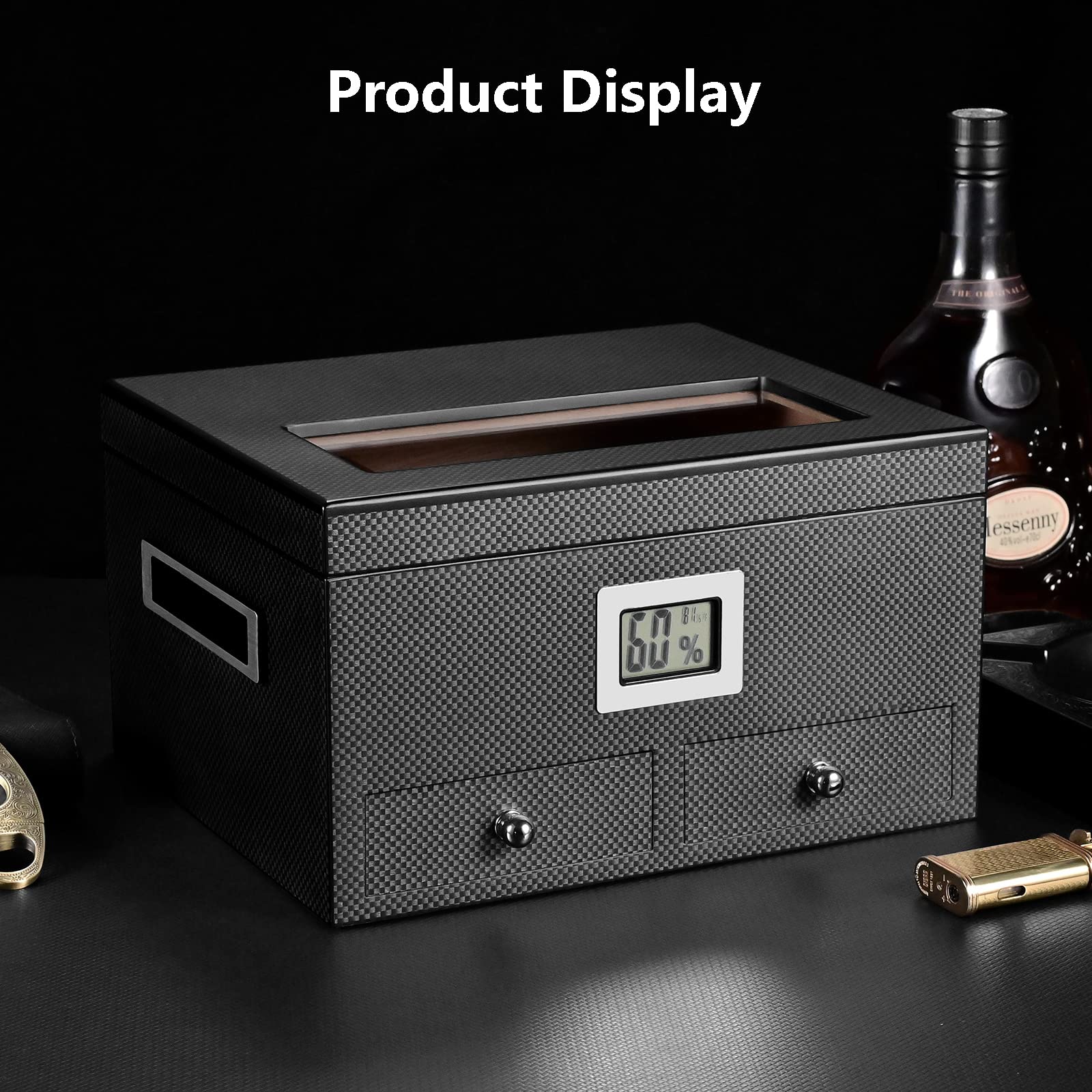 Fullrich Factory Wholesale Customize OEM/ODM Cigar Humidor with Front Digital Hygrometer and Humidifier, Spanish Cedar Tray Cigar Storage Box, Hold up to 35-50 Cigars, Gift for Men(Carbon Fiber)