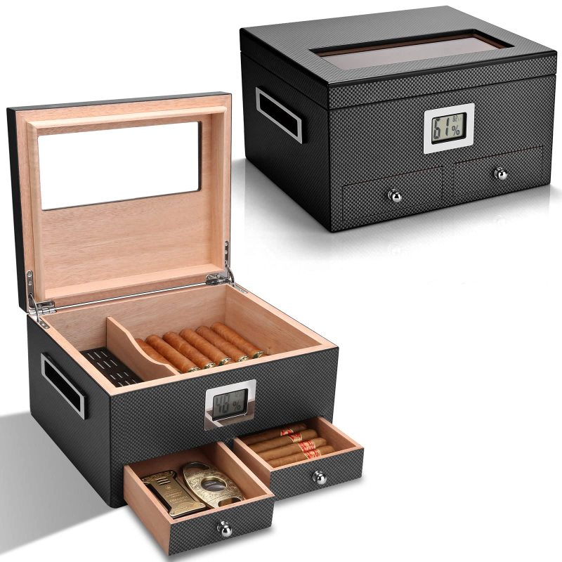 Fullrich Factory Wholesale Customize OEM/ODM Cigar Humidor with Front Digital Hygrometer and Humidifier, Spanish Cedar Tray Cigar Storage Box, Hold up to 35-50 Cigars, Gift for Men(Carbon Fiber)