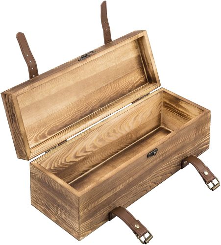 Fullrich Wholesale Vintage Brown Wood Single Wine Bottle Holder Gift Box with Leatherette Buckle Straps and Locking Latch