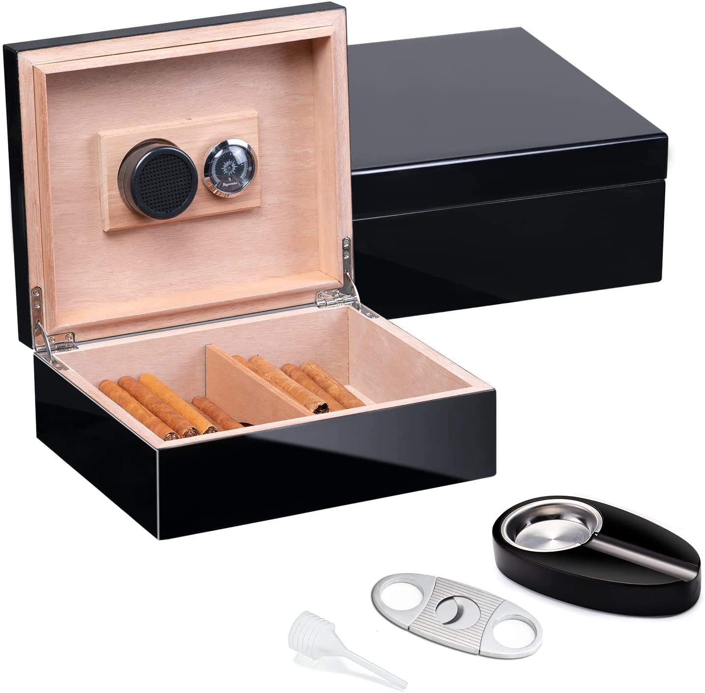 Fullrich Factory Wholesale Handmade Cigar Humidor Box with Hygrometer Humidifier Cutter and Ashtray for 30-50 Counts, Polished Piano Black Cigar Beginner Kit with Spanish Cedar Lining and Divider