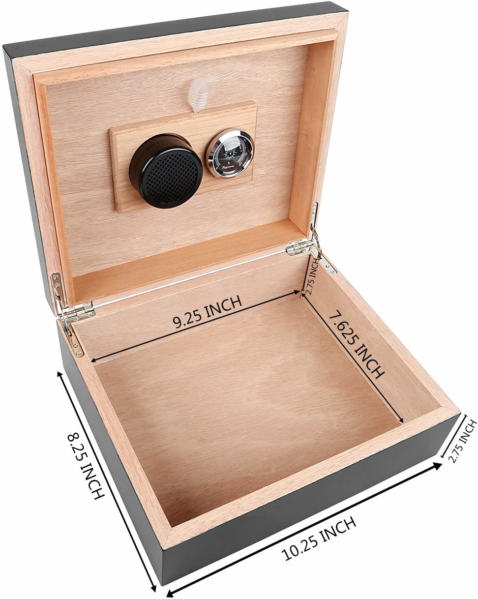 Fullrich Factory Wholesale Handmade Cigar Humidor Box with Hygrometer Humidifier Cutter and Ashtray for 30-50 Counts, Polished Piano Black Cigar Beginner Kit with Spanish Cedar Lining and Divider