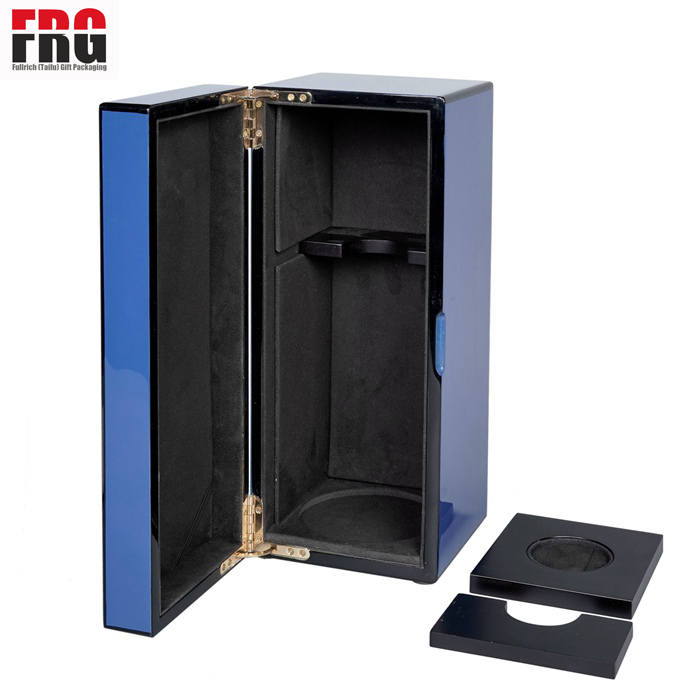 wholesale luxury whisky bottle high glossy lacquer collection box display wooden wine box with velvet interior custom metal logo