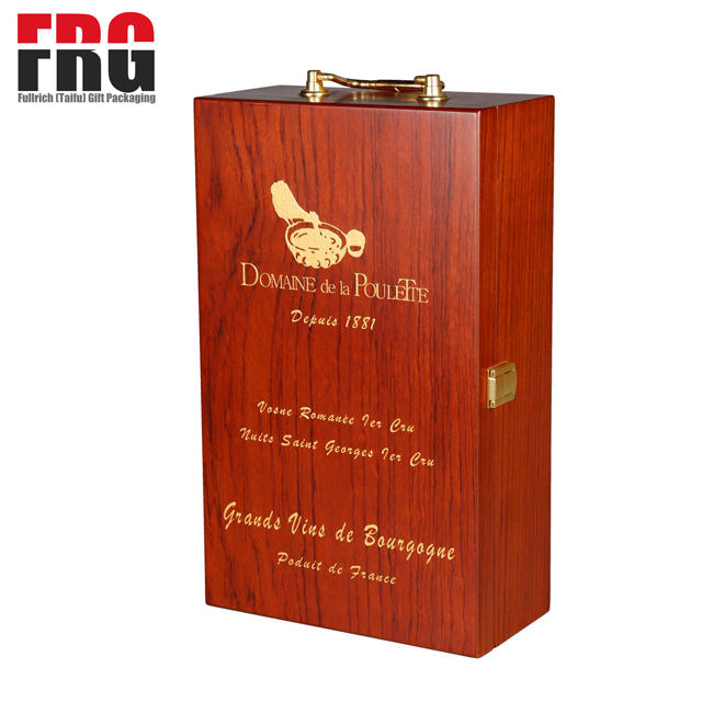 Custom Logo Wholesale Red Wine Double Bottles Wood Storage Carrying Case with handle 2 Wine Bottles Wooden Gift Box