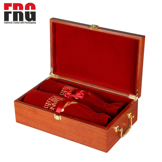 Custom Logo Wholesale Red Wine Double Bottles Wood Storage Carrying Case with handle 2 Wine Bottles Wooden Gift Box