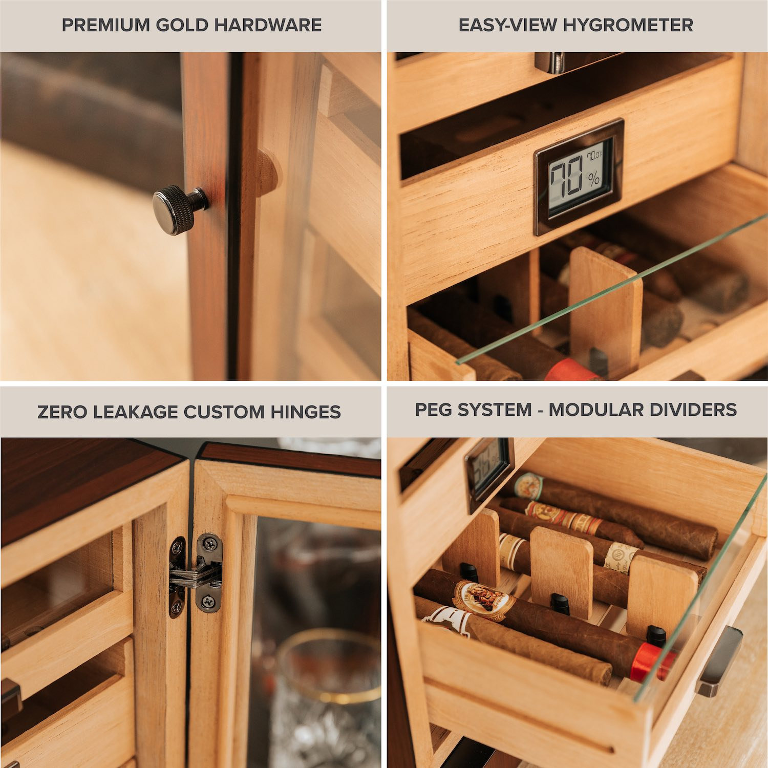 Customize Cigar Humidor Cabinet, Rich Brown Walnut Grain Large Size 80-100 Cigars Digital Hygrometer with Spanish Cedar