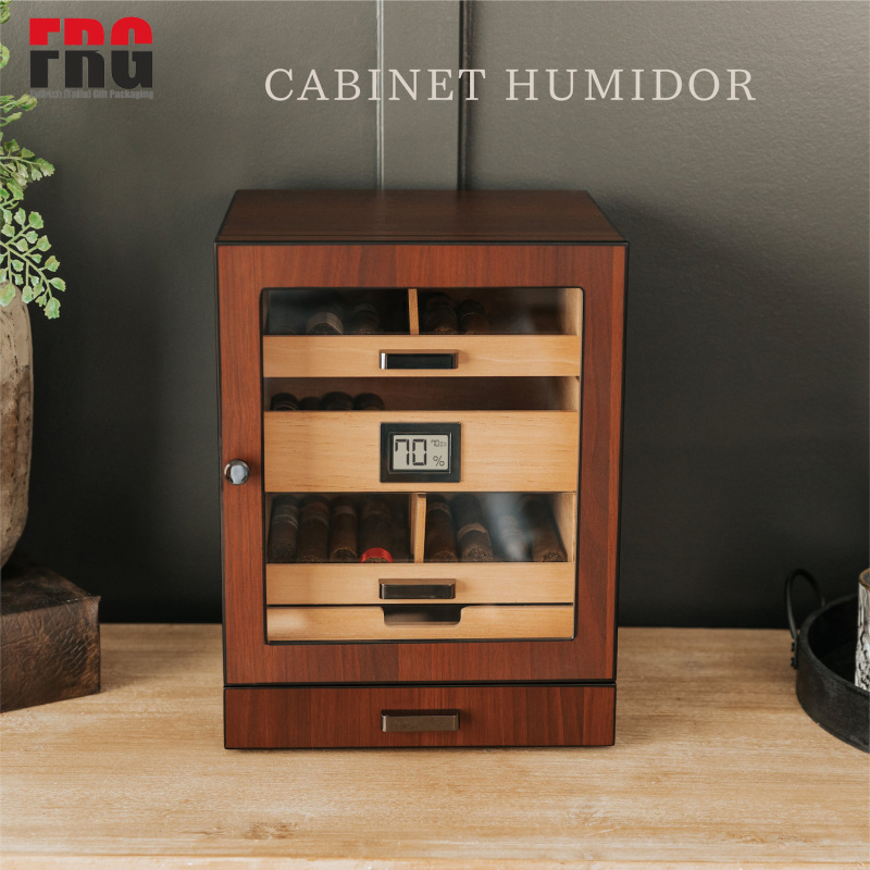 Customize Cigar Humidor Cabinet, Rich Brown Walnut Grain Large Size 80-100 Cigars Digital Hygrometer with Spanish Cedar