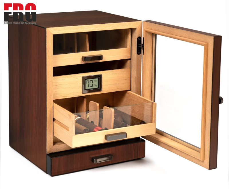 Customize Cigar Humidor Cabinet, Rich Brown Walnut Grain Large Size 80-100 Cigars Digital Hygrometer with Spanish Cedar