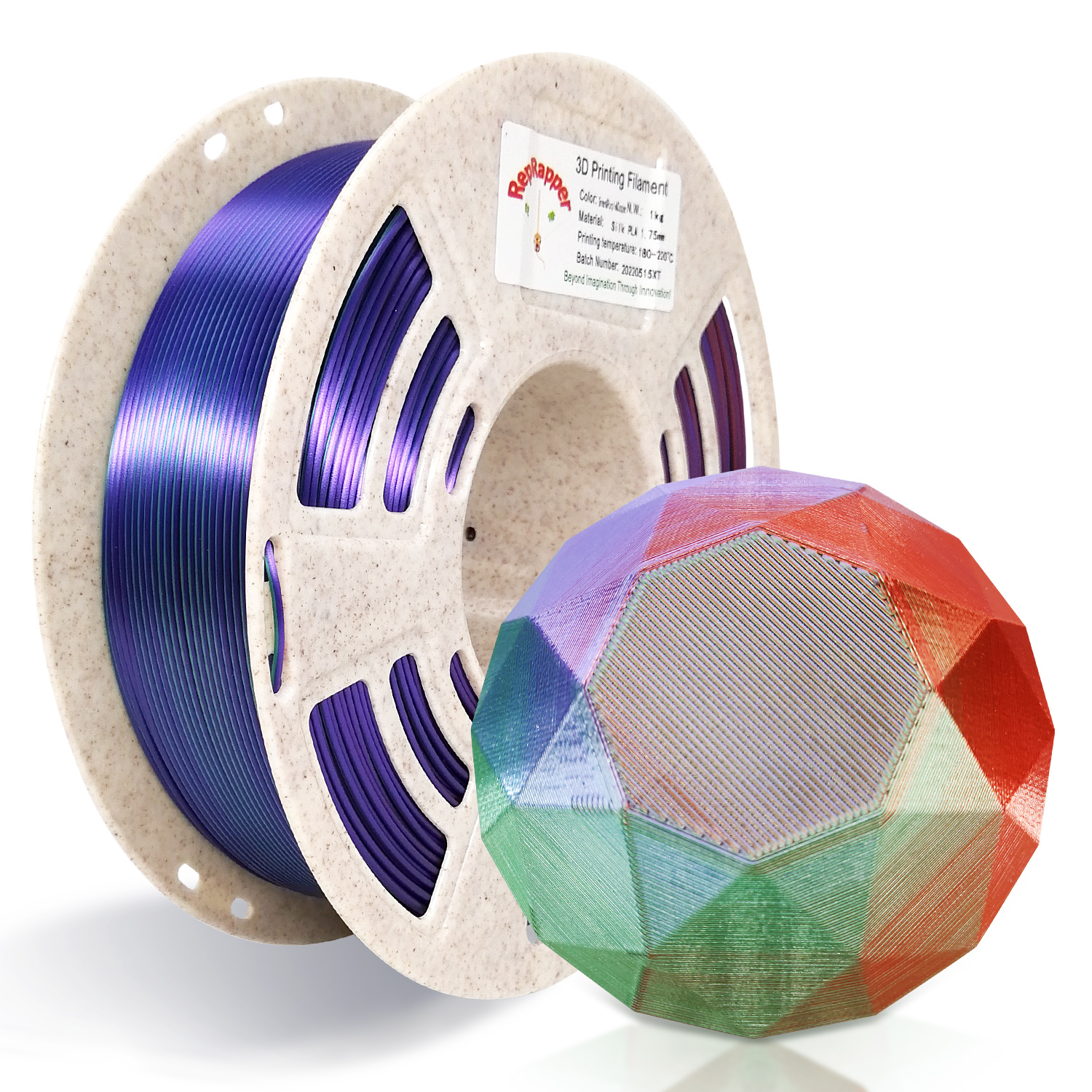 Reprapper Triple Color Filament Coextrusion PLA Filament 1.75mm for 3D Printer & 3D Pen, Multicolor Like Dual Color Rainbow PLA, 2.2lbs (1kg)
