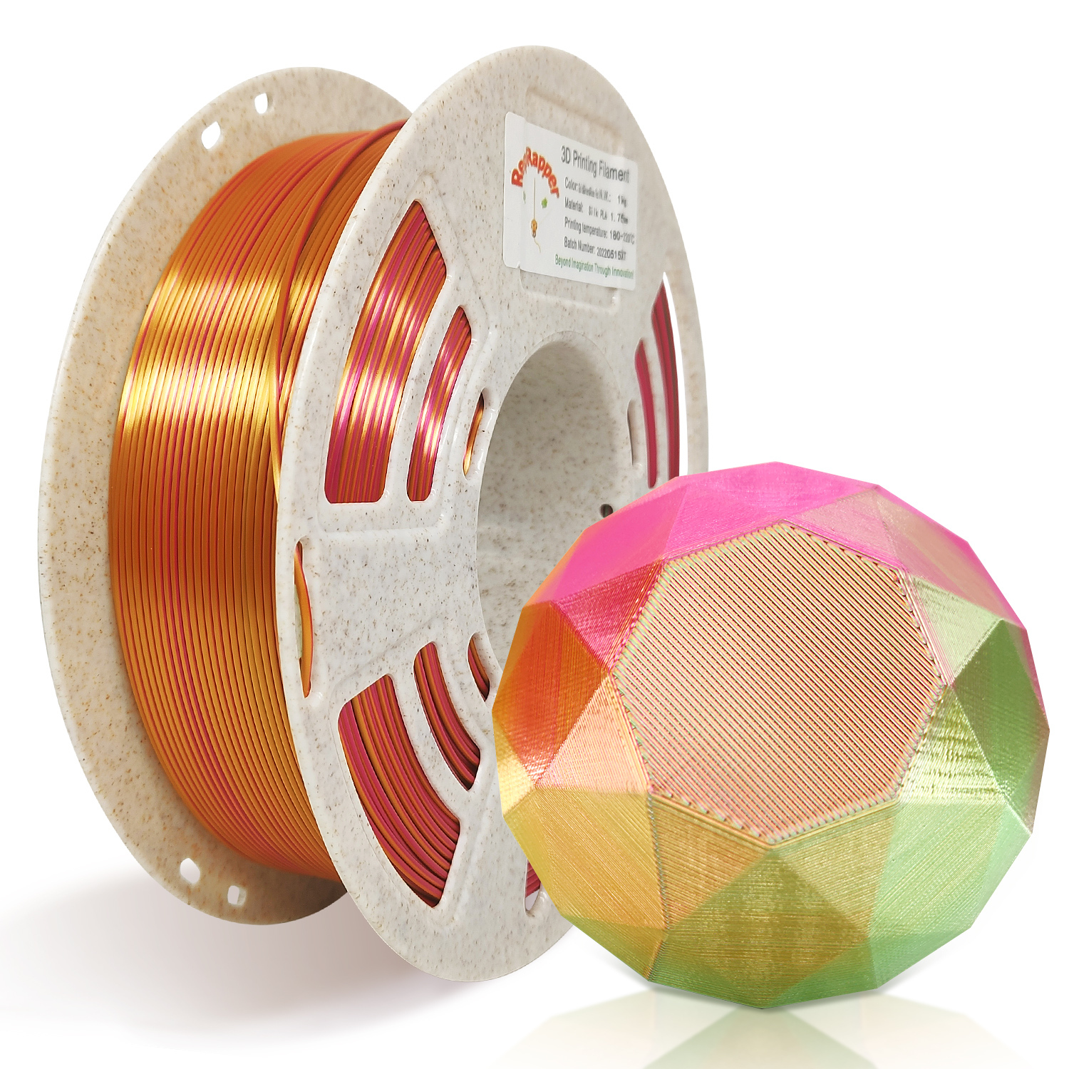 Reprapper Triple Color Filament Coextrusion PLA Filament 1.75mm for 3D Printer & 3D Pen, Multicolor Like Dual Color Rainbow PLA, 2.2lbs (1kg)