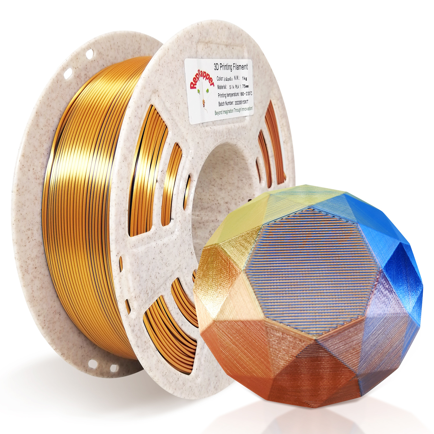 Reprapper Triple Color Filament Coextrusion PLA Filament 1.75mm for 3D Printer & 3D Pen, Multicolor Like Dual Color Rainbow PLA, 2.2lbs (1kg)