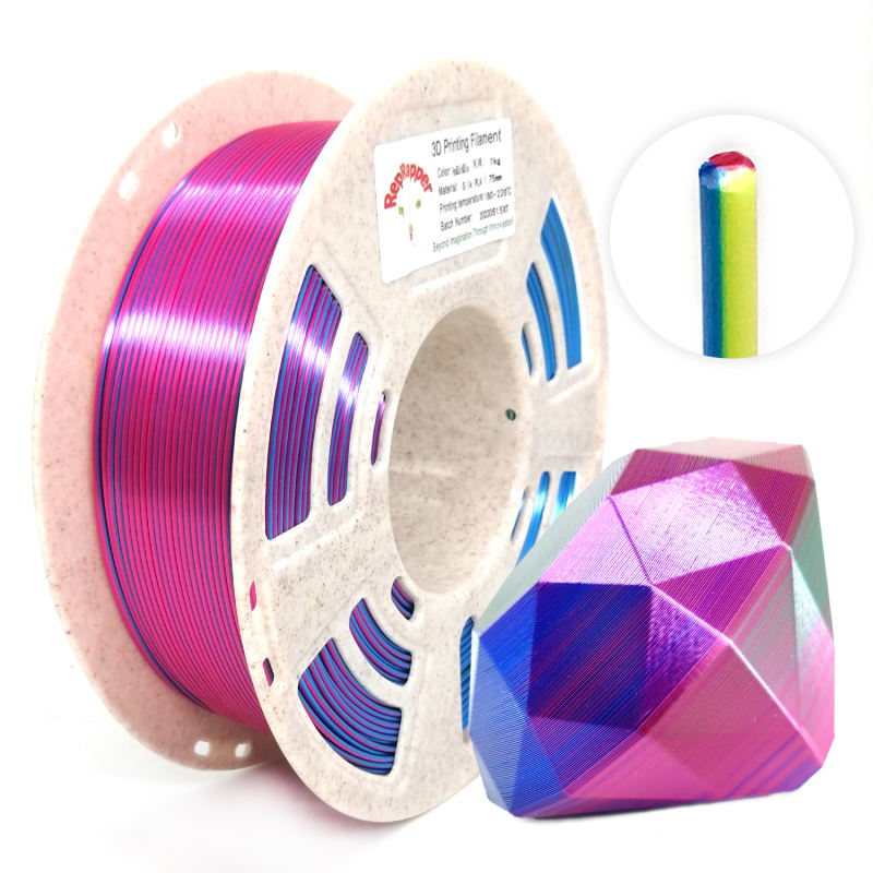 Reprapper Triple Color Filament Coextrusion PLA Filament 1.75mm for 3D Printer & 3D Pen, Multicolor Like Dual Color Rainbow PLA, 2.2lbs (1kg)