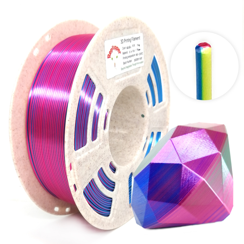 Reprapper Triple Color Filament Coextrusion PLA Filament 1.75mm for 3D Printer & 3D Pen, Multicolor Like Dual Color Rainbow PLA, 2.2lbs (1kg)