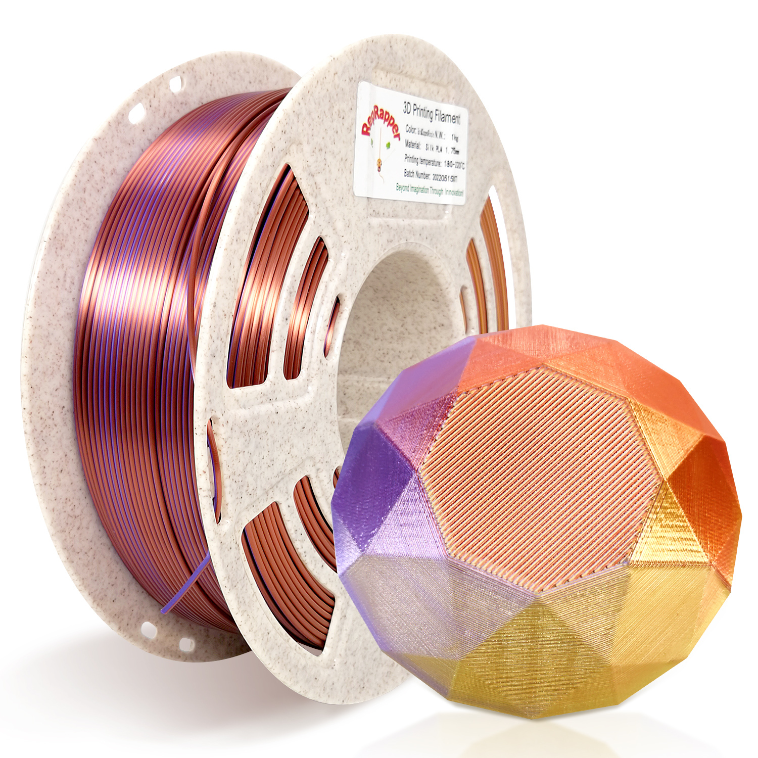 Reprapper Triple Color Filament Coextrusion PLA Filament 1.75mm for 3D Printer & 3D Pen, Multicolor Like Dual Color Rainbow PLA, 2.2lbs (1kg)