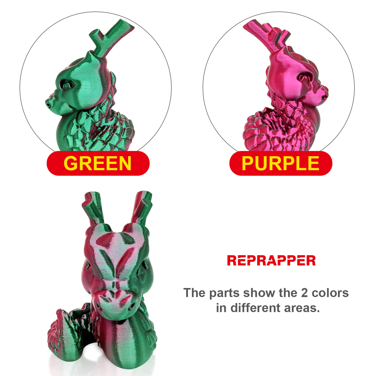 Reprapper Dual Color Silk Filament Coextrusion PLA Filament 1.75mm for 3D Printer & 3D Pen, Multicolor Like Rainbow PLA, 2.2lbs (1kg)