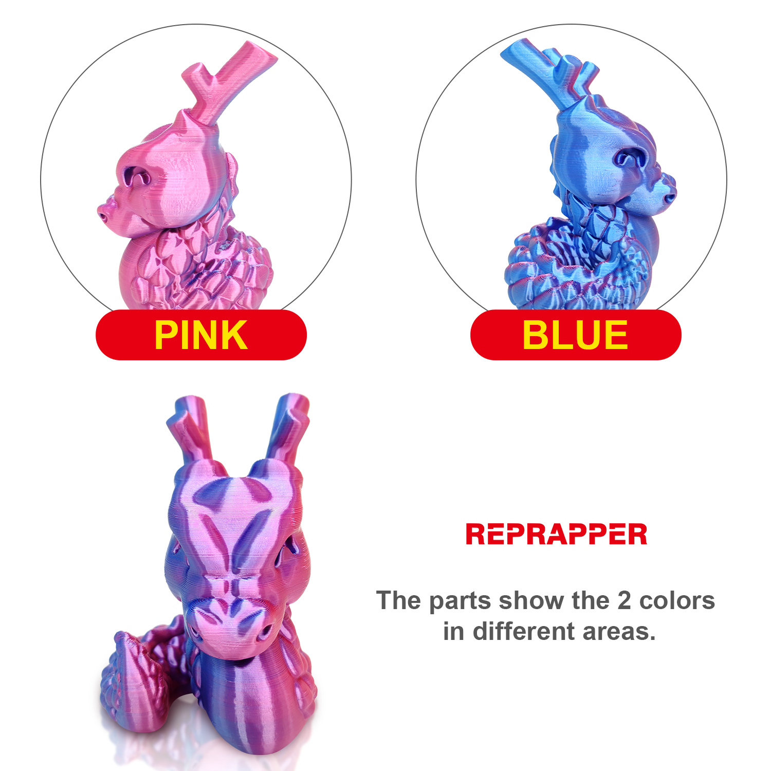 Reprapper Dual Color Silk Filament Coextrusion PLA Filament 1.75mm for 3D Printer & 3D Pen, Multicolor Like Rainbow PLA, 2.2lbs (1kg)