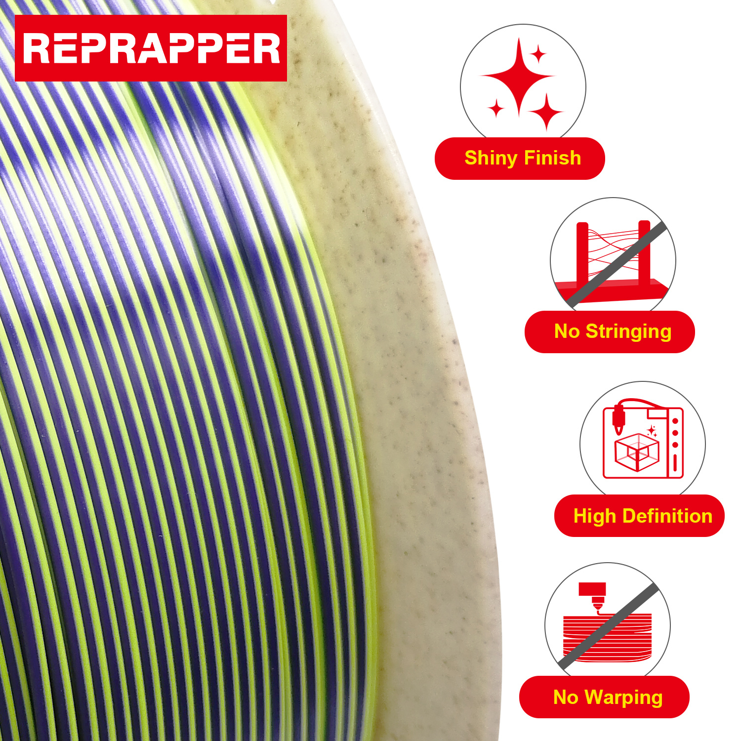 Reprapper Dual Color Silk Filament Coextrusion PLA Filament 1.75mm for 3D Printer & 3D Pen, Multicolor Like Rainbow PLA, 2.2lbs (1kg)