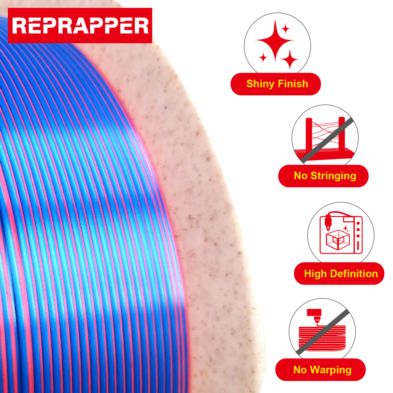 Reprapper Dual Color Silk Filament Coextrusion PLA Filament 1.75mm for 3D Printer & 3D Pen, Multicolor Like Rainbow PLA, 2.2lbs (1kg)