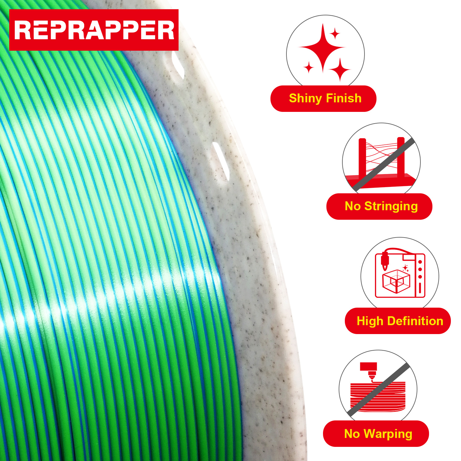Reprapper Dual Color Silk Filament Coextrusion PLA Filament 1.75mm for 3D Printer & 3D Pen, Multicolor Like Rainbow PLA, 2.2lbs (1kg)