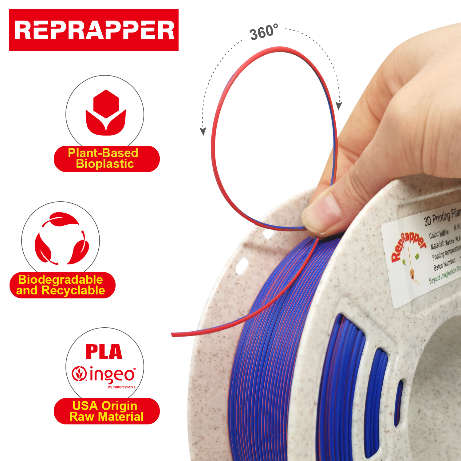 Reprapper Dual Color Matte Filament Coextrusion PLA Filament 1.75mm for 3D Printer & 3D Pen, Multicolor Like Rainbow PLA, 2.2lbs (1kg)
