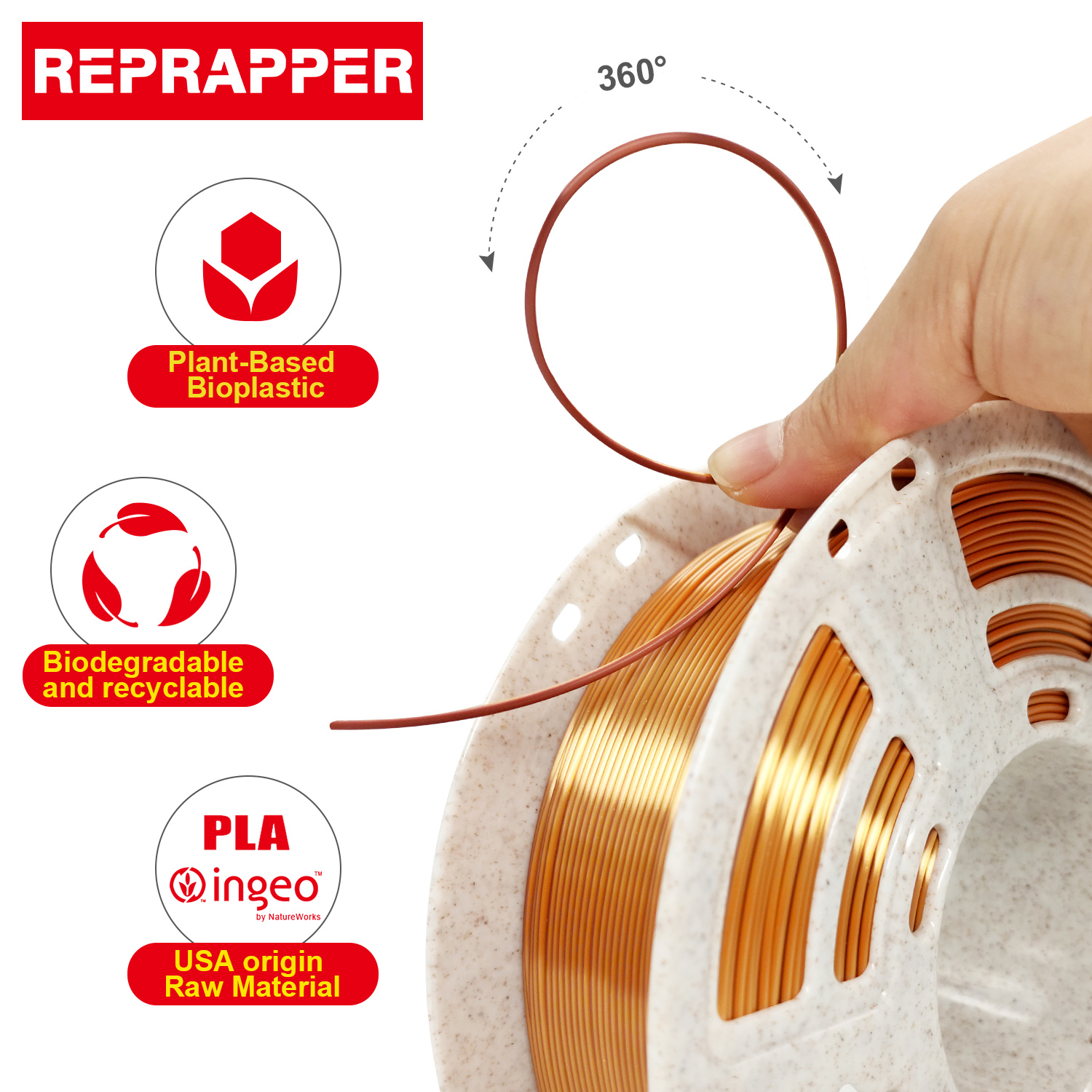 Reprapper Dual Color Silk Filament Coextrusion PLA Filament 1.75mm for 3D Printer & 3D Pen, Multicolor Like Rainbow PLA, 2.2lbs (1kg)