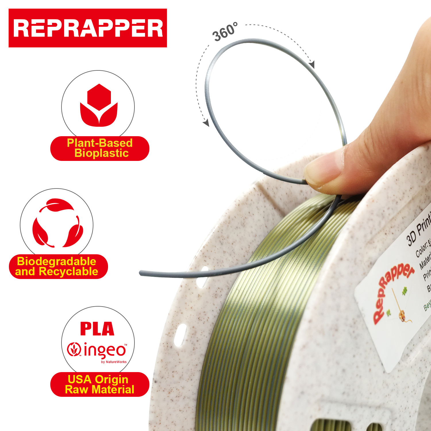 Reprapper Dual Color Silk Filament Coextrusion PLA Filament 1.75mm for 3D Printer & 3D Pen, Multicolor Like Rainbow PLA, 2.2lbs (1kg)