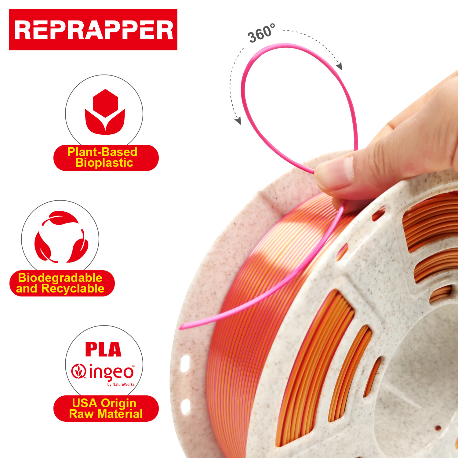 Reprapper Dual Color Silk Filament Coextrusion PLA Filament 1.75mm for 3D Printer & 3D Pen, Multicolor Like Rainbow PLA, 2.2lbs (1kg)