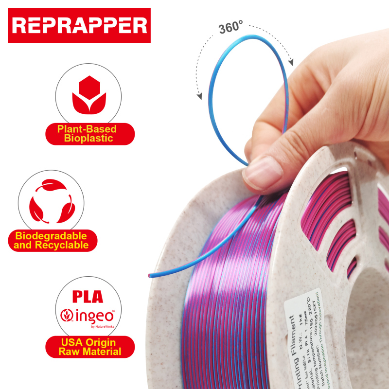 Reprapper Dual Color Silk Filament Coextrusion PLA Filament 1.75mm for 3D Printer & 3D Pen, Multicolor Like Rainbow PLA, 2.2lbs (1kg)