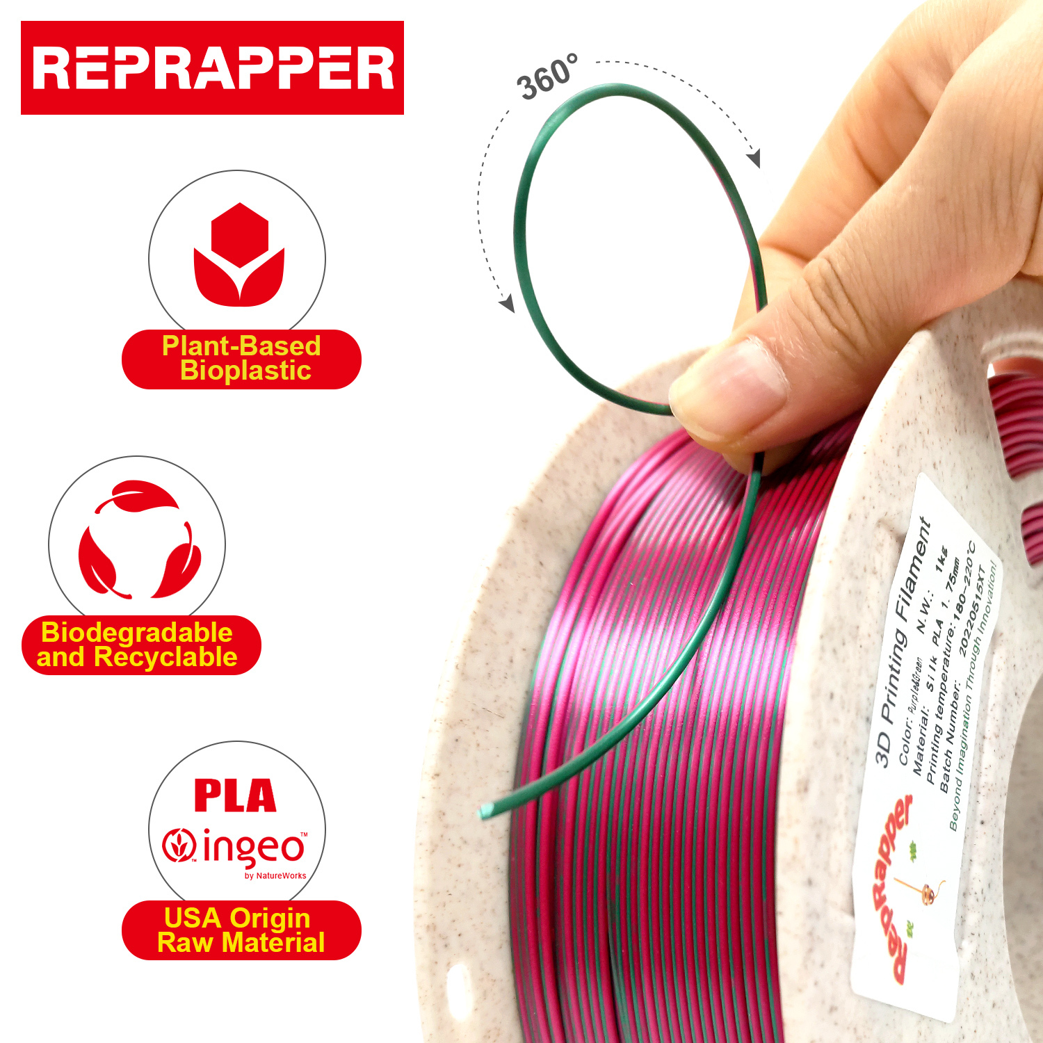 Reprapper Dual Color Silk Filament Coextrusion PLA Filament 1.75mm for 3D Printer & 3D Pen, Multicolor Like Rainbow PLA, 2.2lbs (1kg)