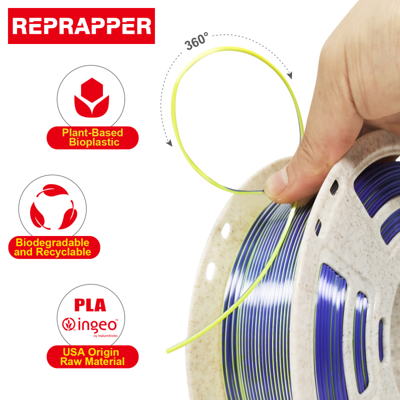 Reprapper Dual Color Silk Filament Coextrusion PLA Filament 1.75mm for 3D Printer & 3D Pen, Multicolor Like Rainbow PLA, 2.2lbs (1kg)