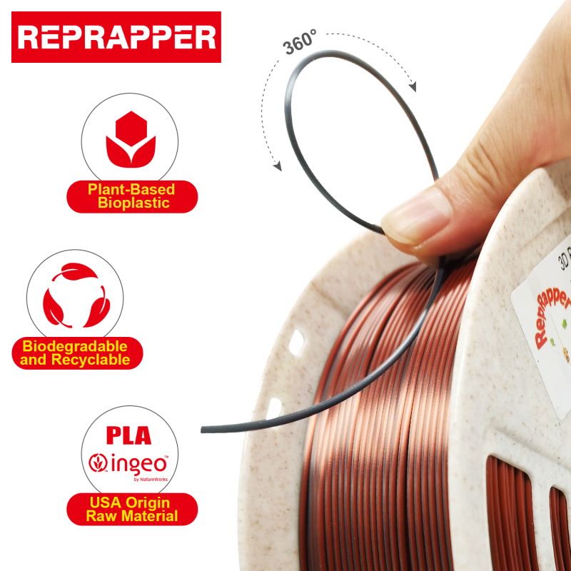 Reprapper Dual Color Silk Filament Coextrusion PLA Filament 1.75mm for 3D Printer & 3D Pen, Multicolor Like Rainbow PLA, 2.2lbs (1kg)