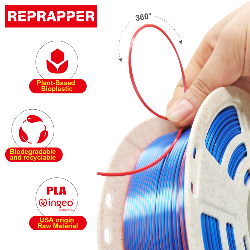 Reprapper Dual Color Silk Filament Coextrusion PLA Filament 1.75mm for 3D Printer & 3D Pen, Multicolor Like Rainbow PLA, 2.2lbs (1kg)