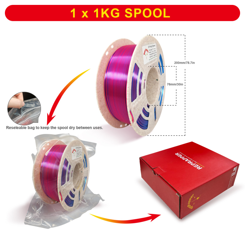 Reprapper Dual Color Silk Filament Coextrusion PLA Filament 1.75mm for 3D Printer & 3D Pen, Multicolor Like Rainbow PLA, 2.2lbs (1kg)