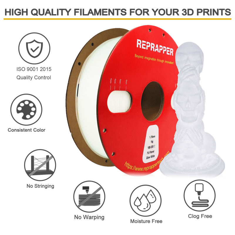 RepRapper Glow in The Dark PLA 3D Printer Filament 1.75mm (+- 0.03mm) 2.2lb (1kg)