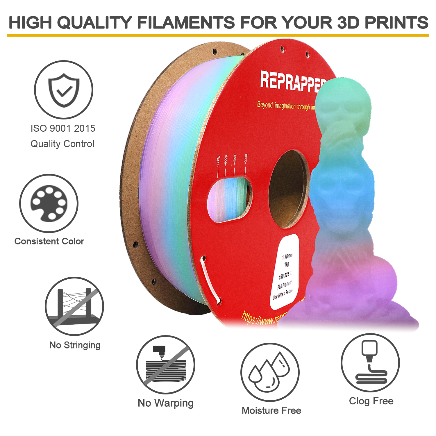 RepRapper Glow in The Dark PLA 3D Printer Filament 1.75mm (+- 0.03mm) 2.2lb (1kg)