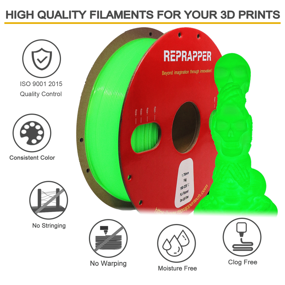 RepRapper Glow in The Dark PLA 3D Printer Filament 1.75mm (+- 0.03mm) 2.2lb (1kg)