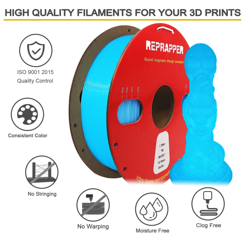 RepRapper Glow in The Dark PLA 3D Printer Filament 1.75mm (+- 0.03mm) 2.2lb (1kg)