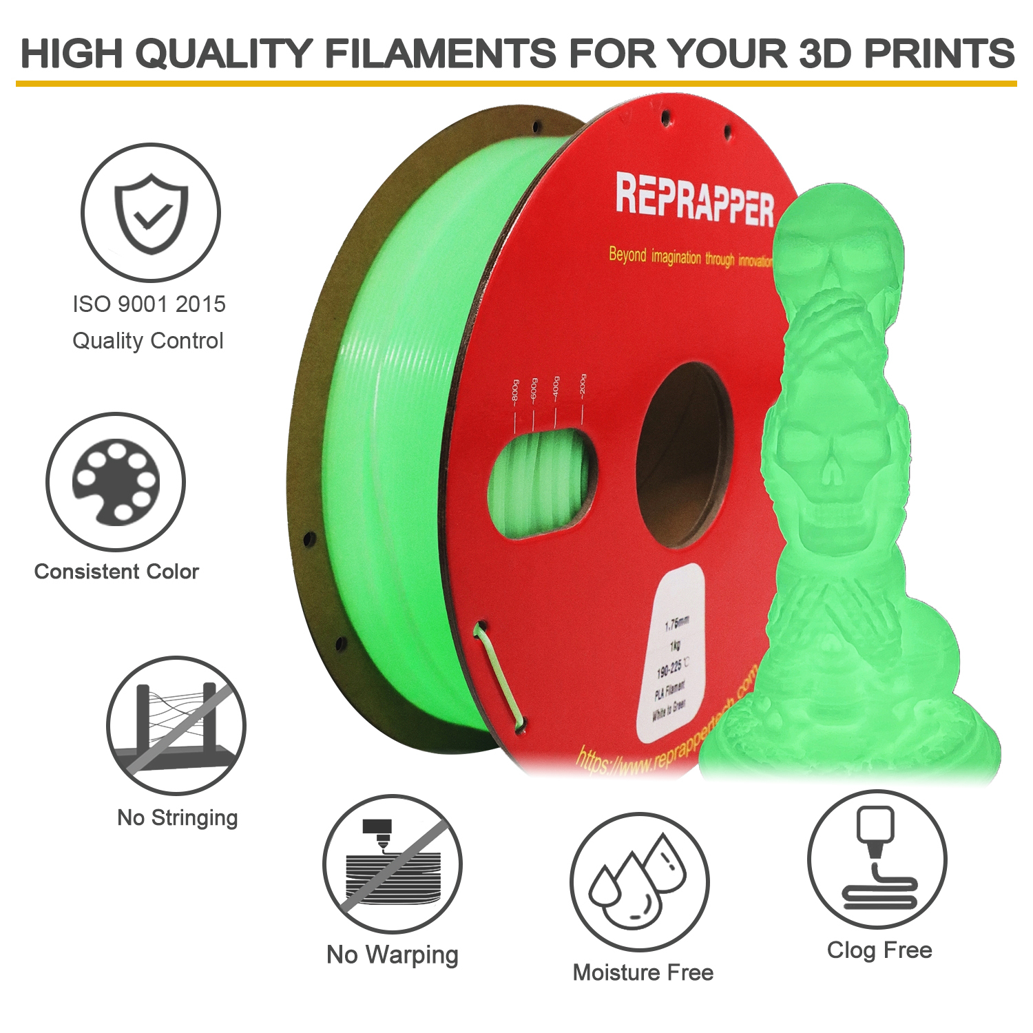 RepRapper Glow in The Dark PLA 3D Printer Filament 1.75mm (+- 0.03mm) 2.2lb (1kg)