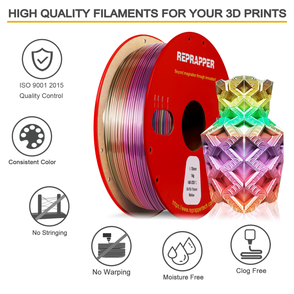 Silk PLA Filament 1.75 mm (+/-0.03 mm) 2.2 lbs (1 kg), Silky Shiny Shine