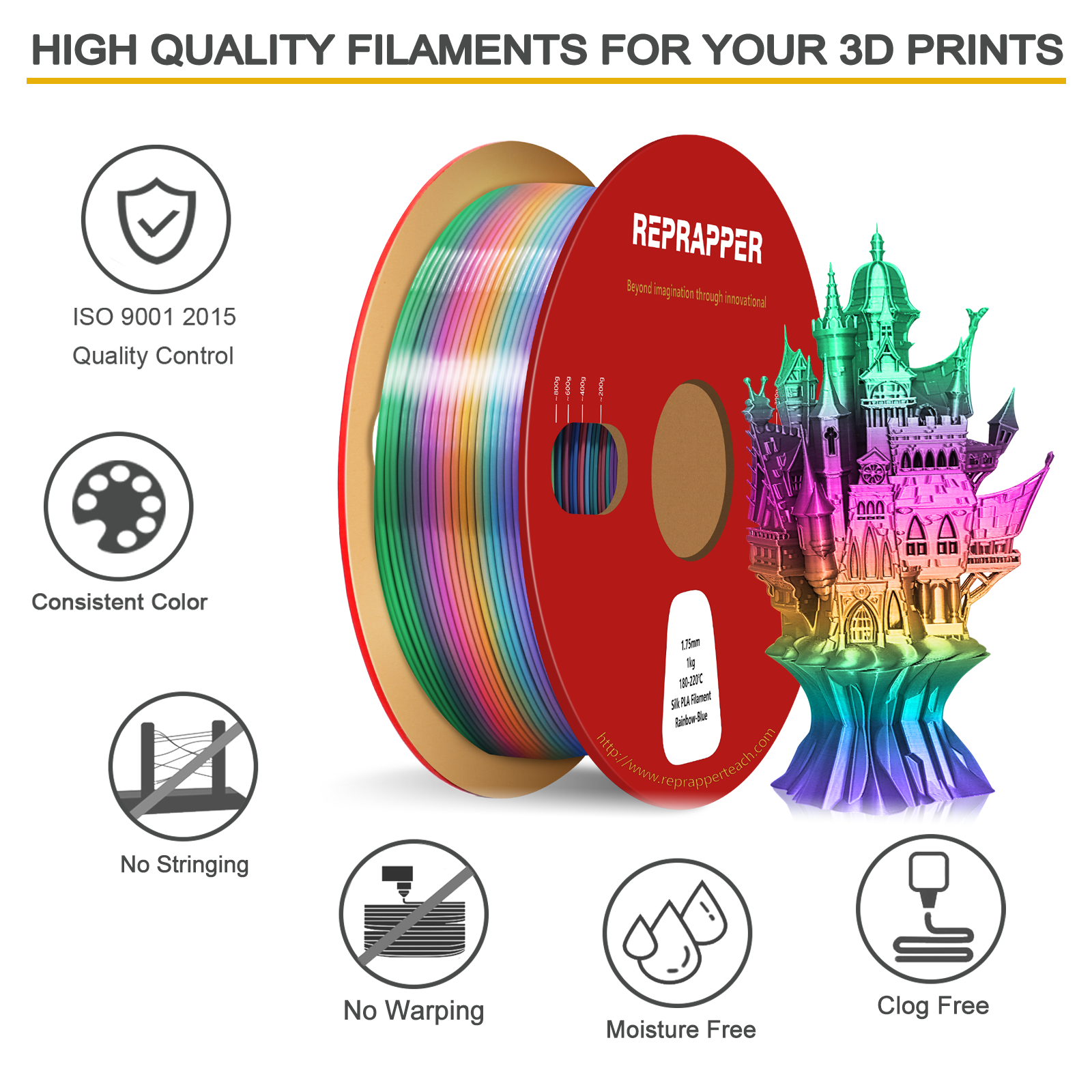 Rainbow Silk PLA Filament 1.75 mm (+/-0.03 mm) 2.2 lbs (1 kg), Silky Shiny Shine