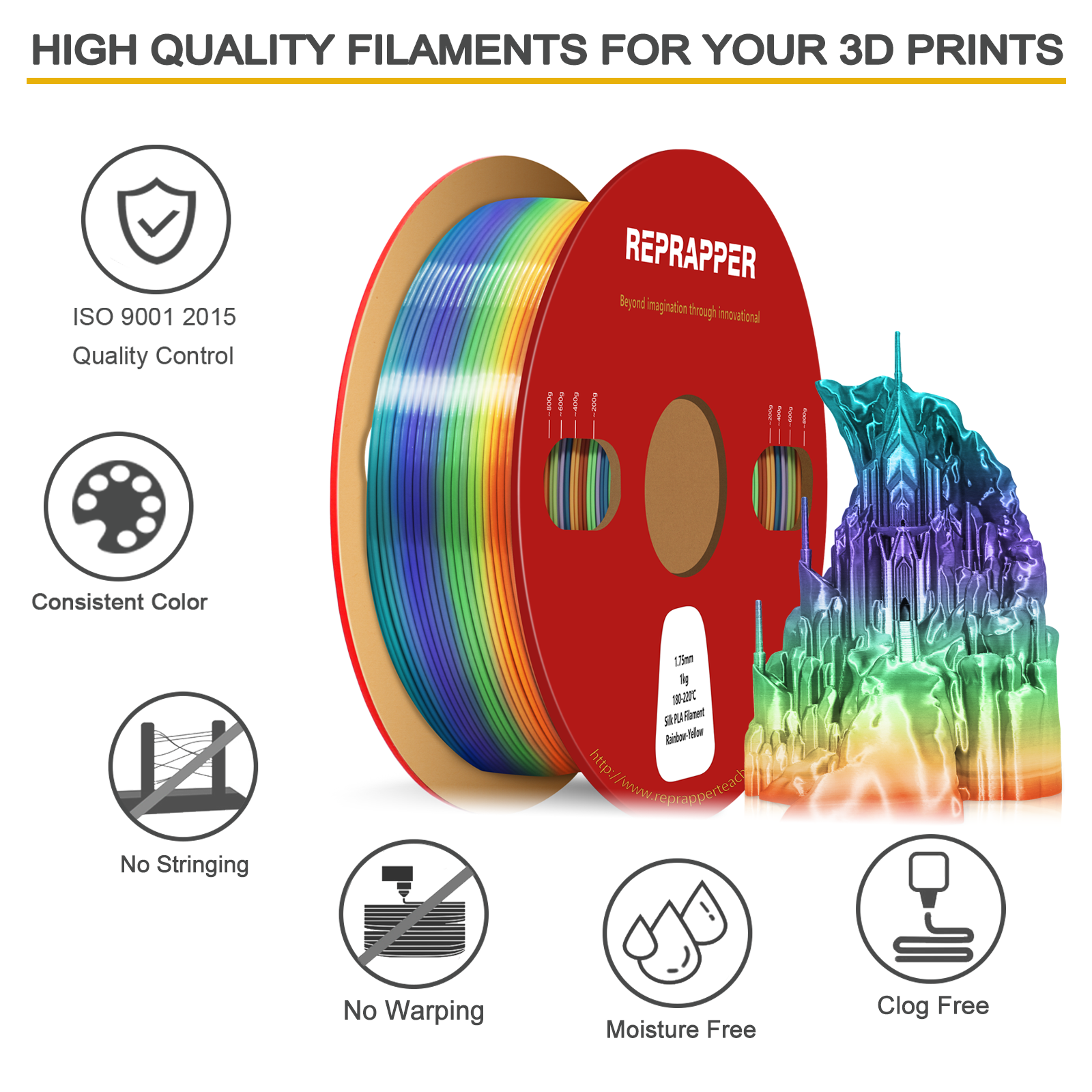 Rainbow Silk PLA Filament 1.75 mm (+/-0.03 mm) 2.2 lbs (1 kg), Silky Shiny Shine