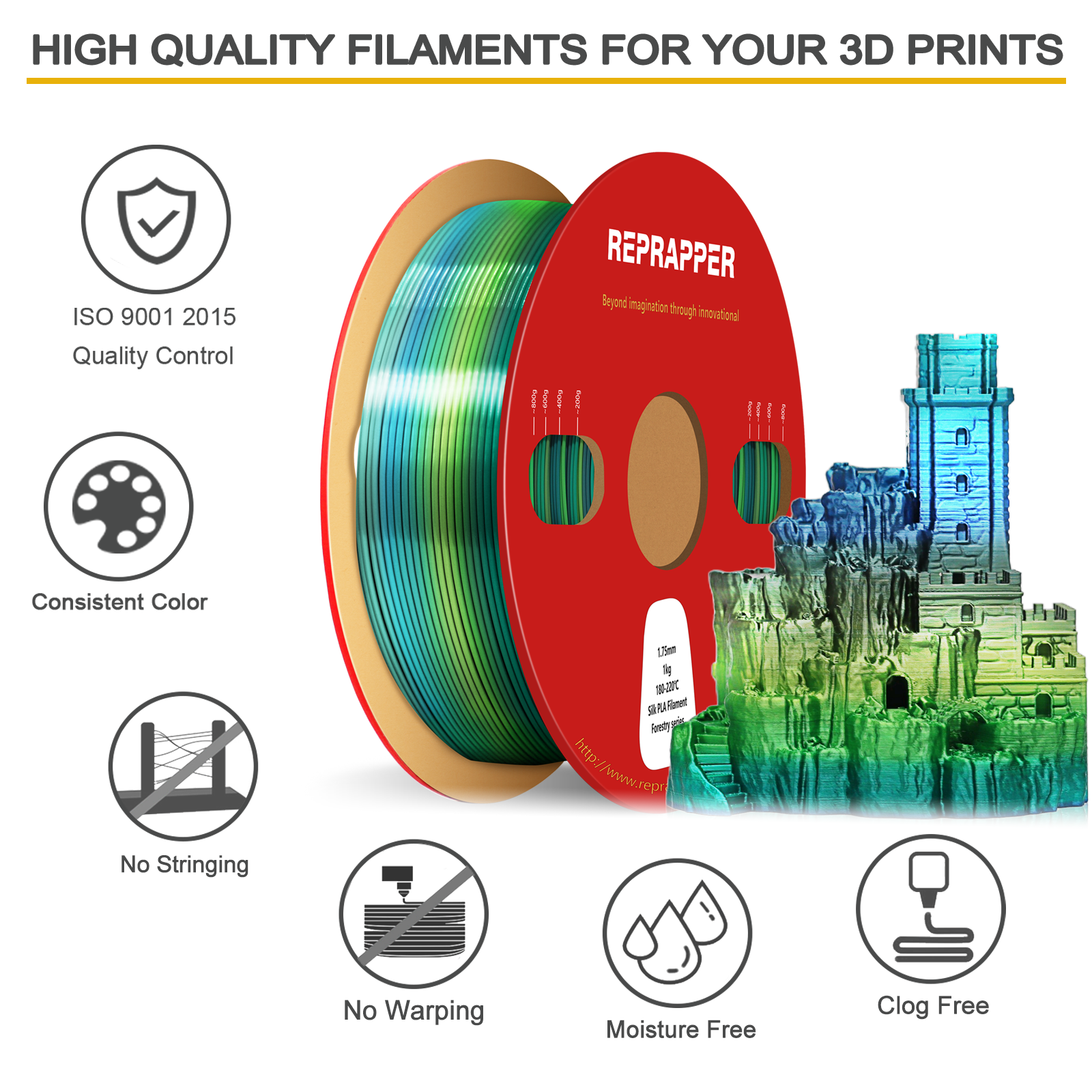 Rainbow Silk PLA Filament 1.75 mm (+/-0.03 mm) 2.2 lbs (1 kg), Silky Shiny Shine