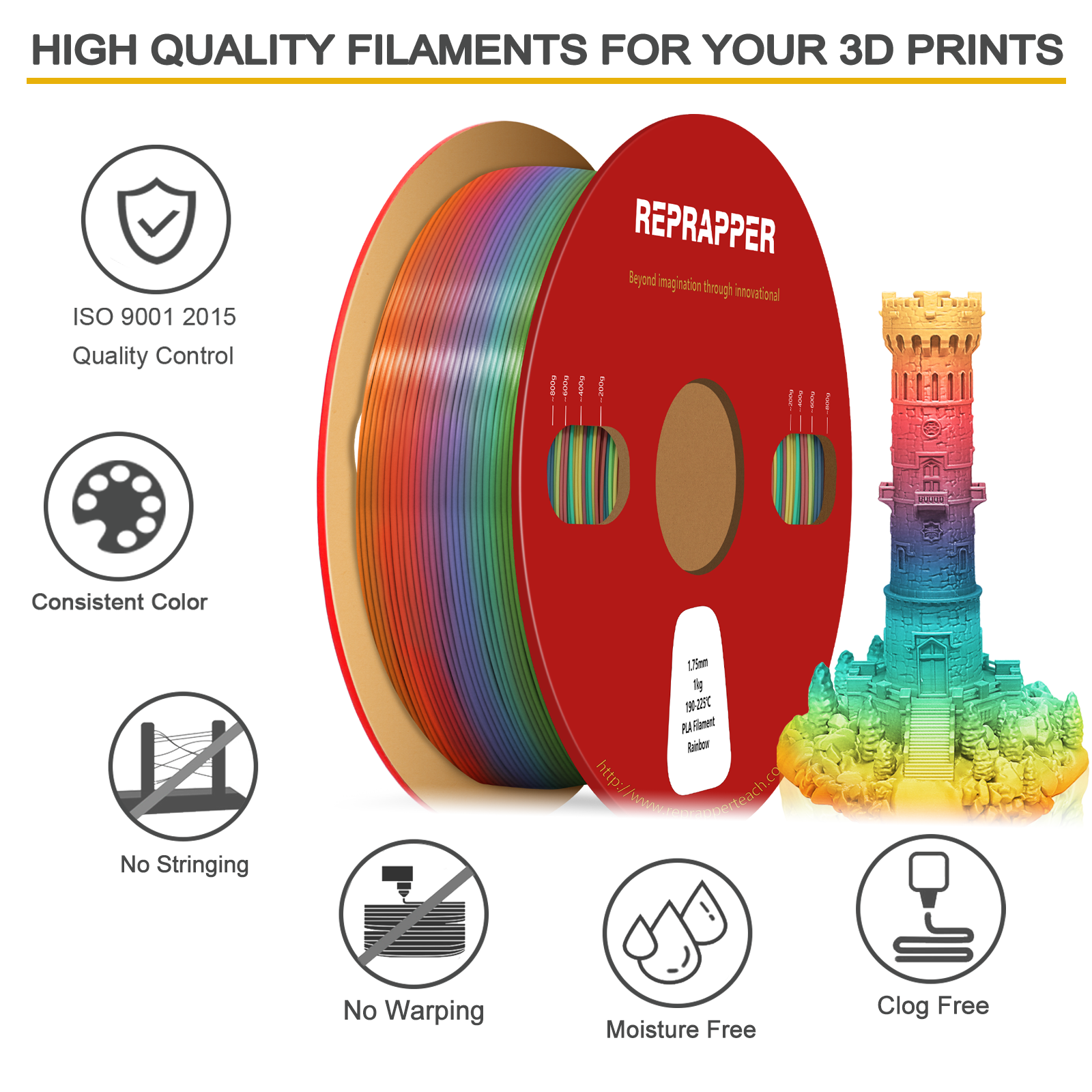 Rainbow Silk PLA Filament 1.75 mm (+/-0.03 mm) 2.2 lbs (1 kg), Silky Shiny Shine