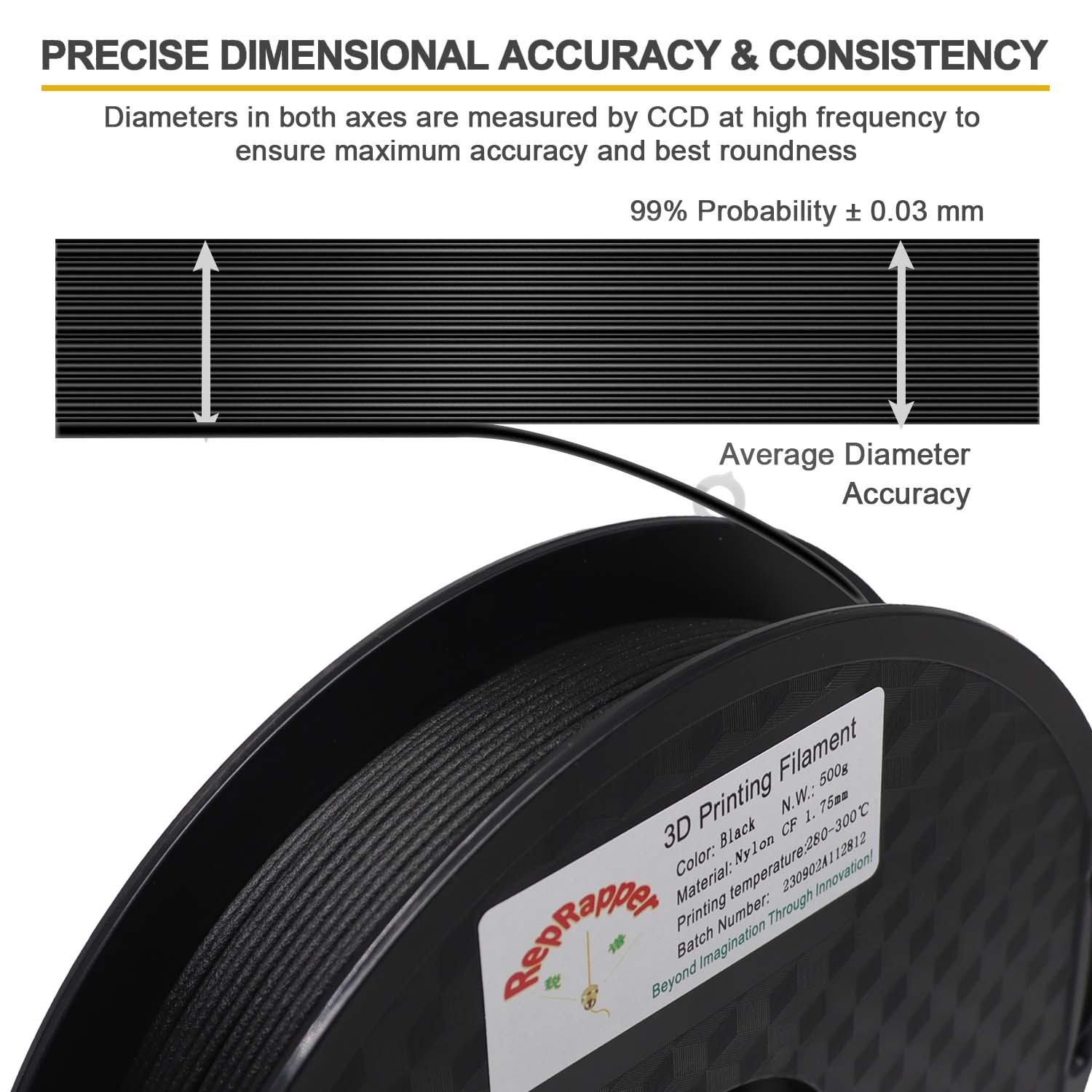 RepRapper PA12-CF 3D Printing Filament, Nylon Filament 1.75mm, 500g Nylon Carbon Fiber Filament, Black No Warping & Moisture Free 3D Printer Filament for 3D Printer