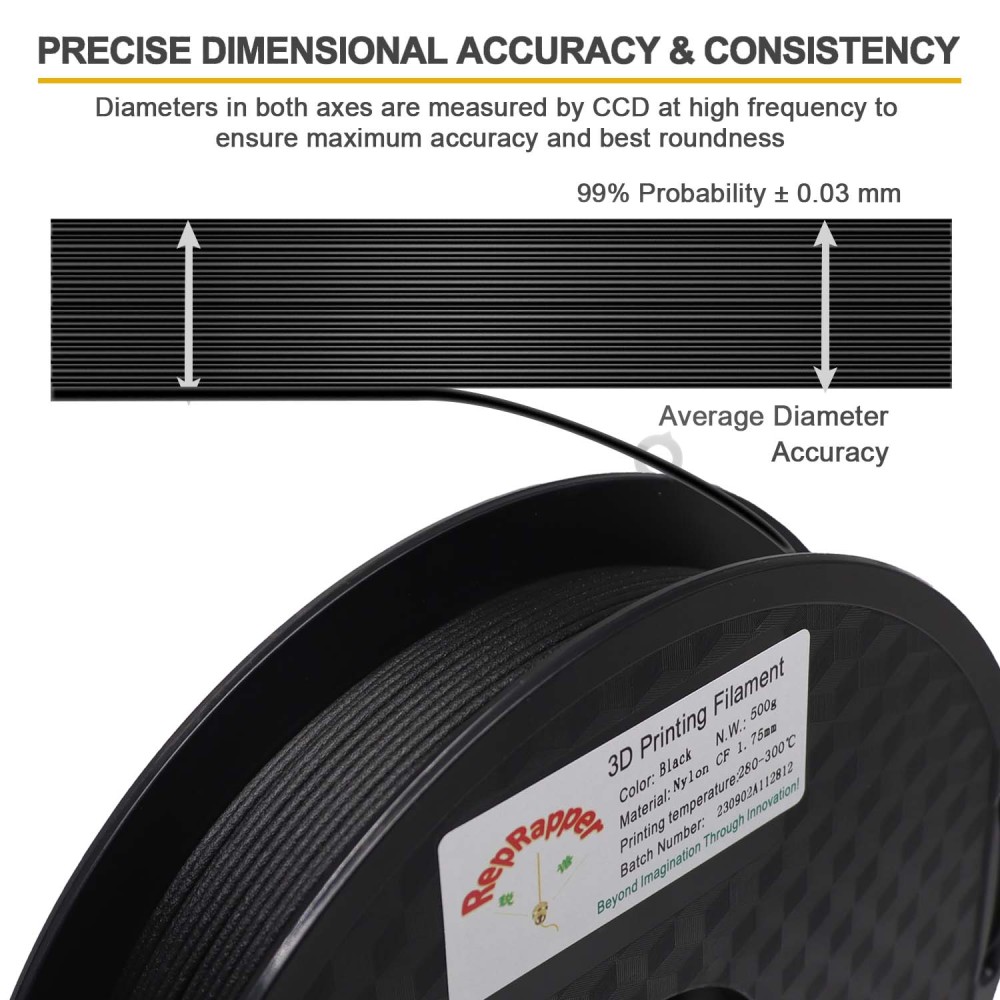 RepRapper PA12-CF 3D Printing Filament, Nylon Filament 1.75mm, 500g Nylon Carbon Fiber Filament, Black No Warping & Moisture Free 3D Printer Filament for 3D Printer