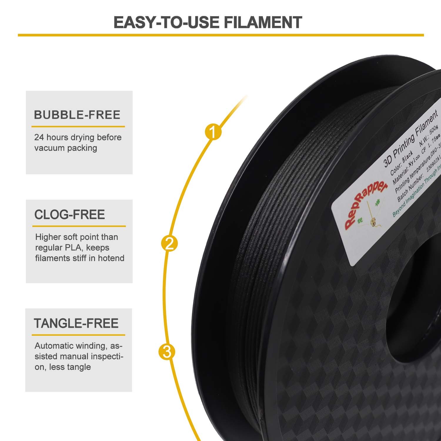RepRapper PA12-CF 3D Printing Filament, Nylon Filament 1.75mm, 500g Nylon Carbon Fiber Filament, Black No Warping & Moisture Free 3D Printer Filament for 3D Printer