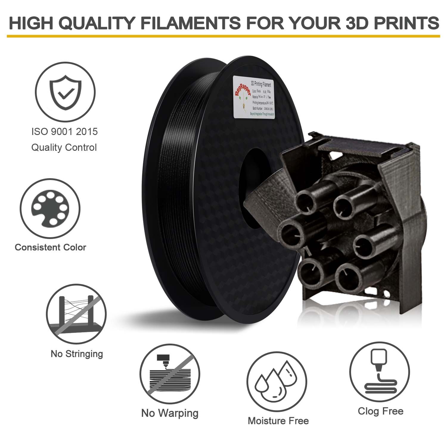 RepRapper PA12-CF 3D Printing Filament, Nylon Filament 1.75mm, 500g Nylon Carbon Fiber Filament, Black No Warping & Moisture Free 3D Printer Filament for 3D Printer